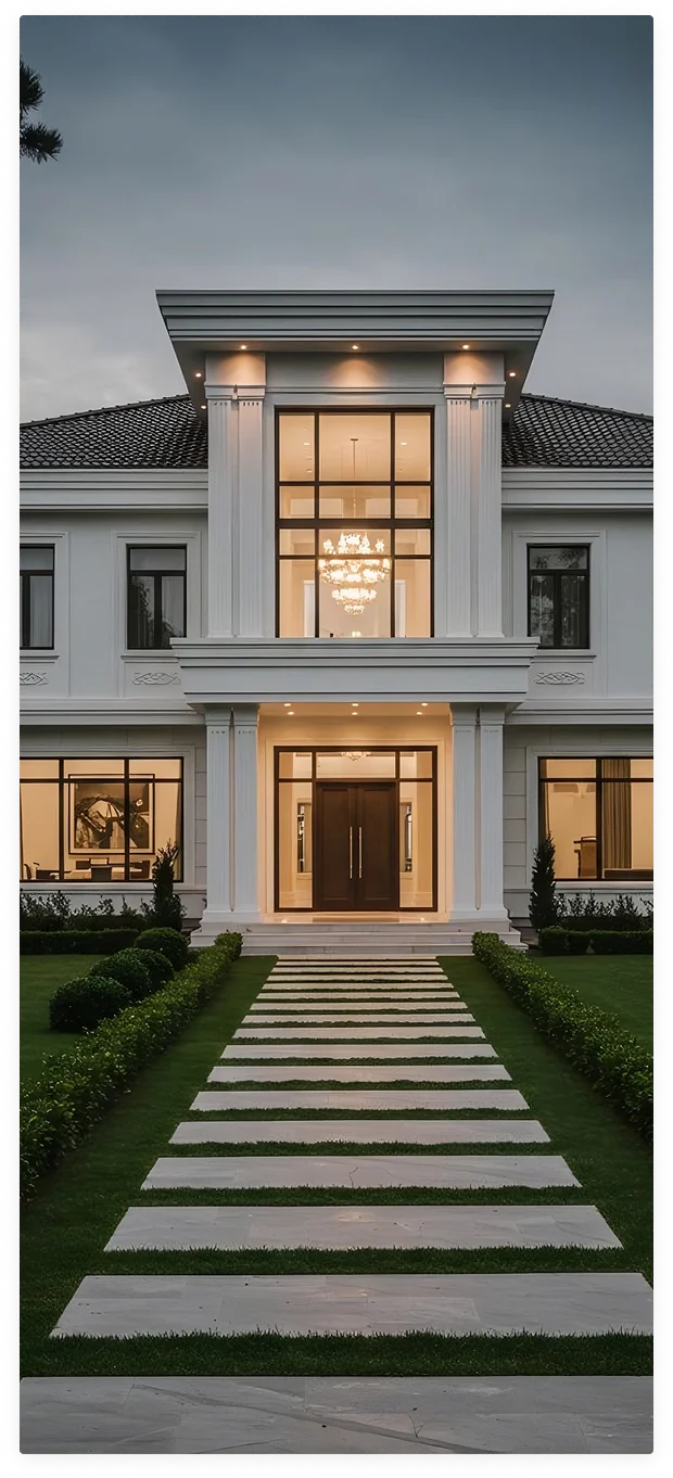 Exterieur van een luxe villa in Nederland met klassieke architectuur, symmetrische gevel en verzorgde tuin