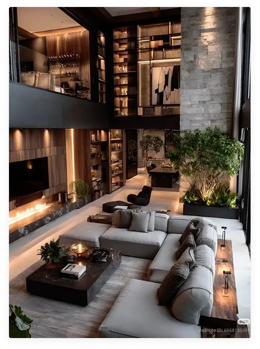 Open interieur van een luxe villa in Nederland met hoge plafonds, moderne architectuur, natuurlijke materialen en warme verlichting