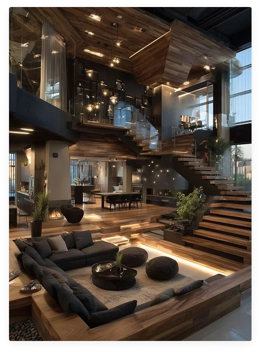 Modern interieur van een luxe villa in Nederland met open architectuur, houten afwerking en warme sfeerverlichting