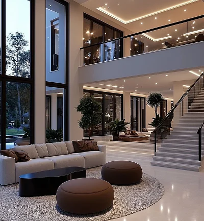 Modern interieur van een luxe villa in Nederland met open leefruimte, hoge plafonds en designafwerking